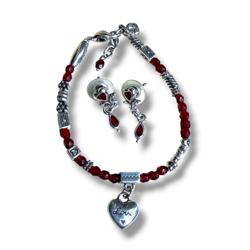 Brighton Love Heart Charm Bracelet and Red Bead Drop Earring Jewelry‎ Set Silver